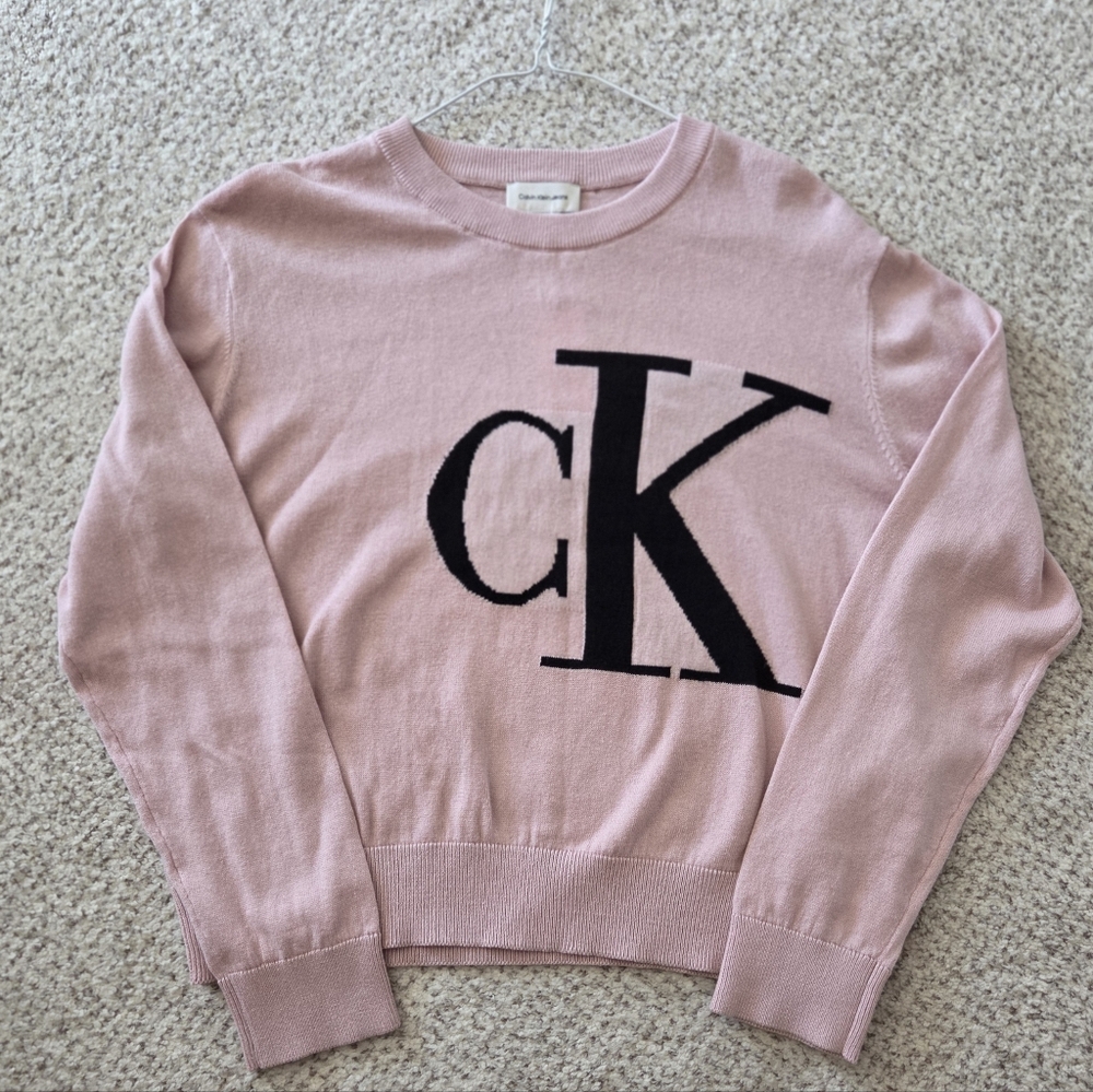 Calvin Klein Womens Large Dusty Pink Crewneck Sweater with Black CK Logo